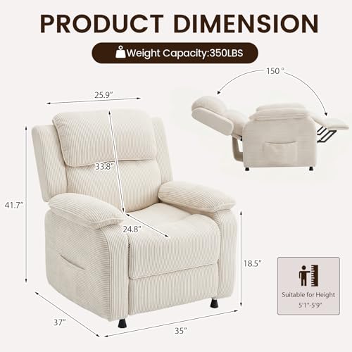 EROMMY Electric Recliner Chair, Oversized Power Recliner with USB Charging Port & Side Pockets, Heavy Duty Corduroy Reclining Sofa Chair, Wide Seat Living Room Chair for Adults, Beige
