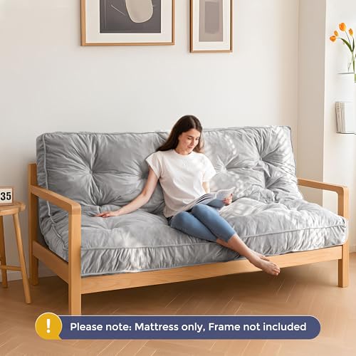 MAXYOYO 6" Futon Mattress Full Size, Velvet Thick Futons Sofa Couch Bed, Versatile Floor Mattress for Adults, Shredded Foam Filling (Frame Not Included), Grey MAXYOYO