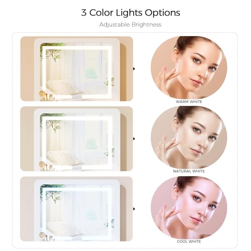 VOWNER 3-in-1 Vanity Desk with Flip Top LED Light Mirror and Glass Desktop, Small Makeup Vanity with 3 Drawers, Compact Dressing Table with Stool for Bedroom, White 19" L VOWNER