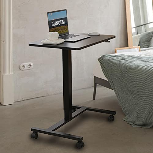 BUNOEM Mobile Standing Desk, 28x20 Pneumatic Laptop Height Adjustable Sit to Stand Table with Lockable Wheels and Gas Spring Riser (Black) BUNOEM