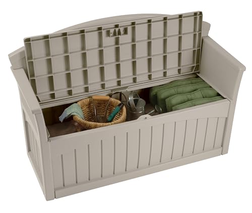 Suncast 50 Gallon Patio Bench with Storage - Decorative Resin Outdoor Patio Bench for Deck, Patio, Garden, Backyard - Ideal for Storing Toys, Cushions, Tools - Taupe () Suncast