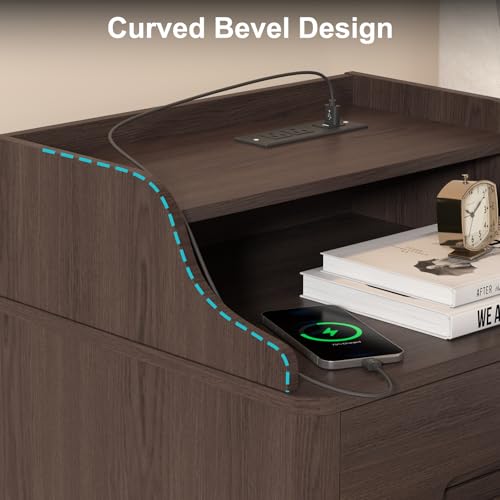 SOLACE FURNITURE Nightstand with Charging Station, 21" Tall Nightstand w/2 Storage Drawers, Wood Night Stand with Hidden Handle, 17'' Wide Modern Bedside Table for Bedroom, Brown SOLACE FURNITURE