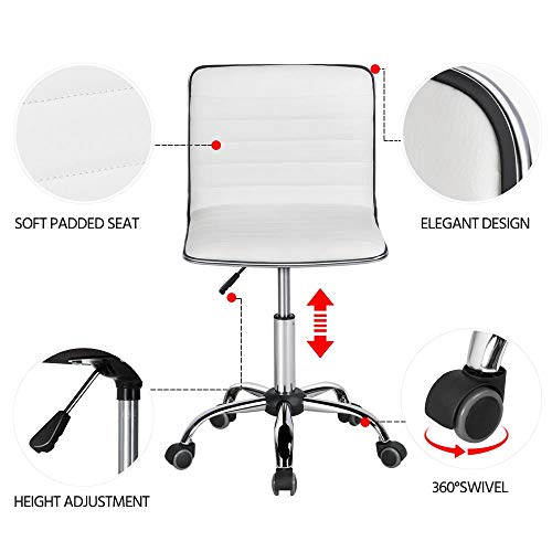 Yaheetech Adjustable Task Chair PU Leather Low Back Ribbed Armless Swivel White Desk Chair Office Chair Wheels Yaheetech