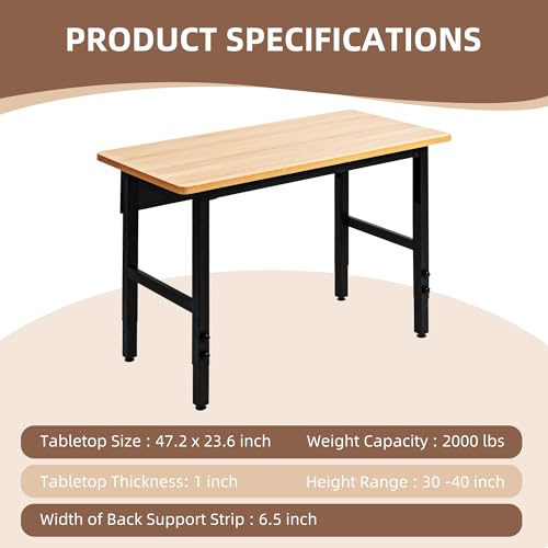 48" Adjustable Workbench, Work Table for Garage, 2000 LBS Capacity Hardwood Work Bench, Heavy Duty Table for Workshop, Office, Garage, Home spanspace