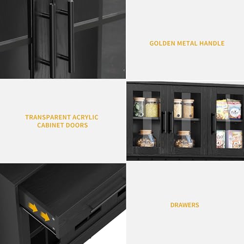 DWVO Kitchen Pantry Storage Cabinet with Microwave Stand, 71'' Tall Kitchen Hutch Cabinets with Power Outlet, Modern Food Pantry Hutch with Drawers & Shelves for Home, Pack of 1, Black DWVO