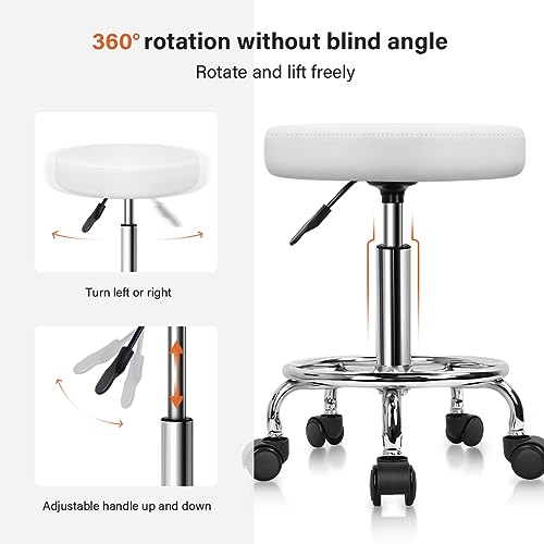 KKTONER PU Leather Round Rolling Stool with Foot Rest Swivel Height Adjustable Stool Spa Drafting Salon Tattoo Work Office Massage Task Chair White Small (White) KKTONER