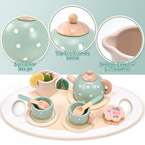 Atoylink Wooden Tea Party Set for Little Girls 28 Pcs Toddler Tea Set with Cupcake Stand & Food Pretend Play Accessories Kids Kitchen Playset Wooden Toys for 2 3 4 5 6 Year Old Girl Birthday Gift Atoylink