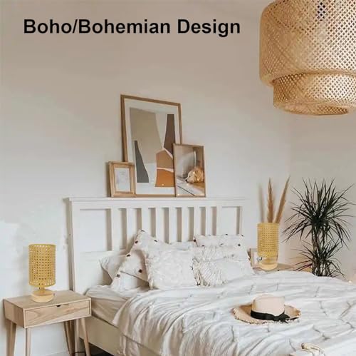 AFORTLO Table Desk Lamp,Small Rattan Hollow-Out Bamboo Boho Decorative Nightstand Night Light Solid Wood Base Lamp for Bedroom,Living Room,End Table or Office with Bulb(Rattan Hollow-Out) AFORTLO