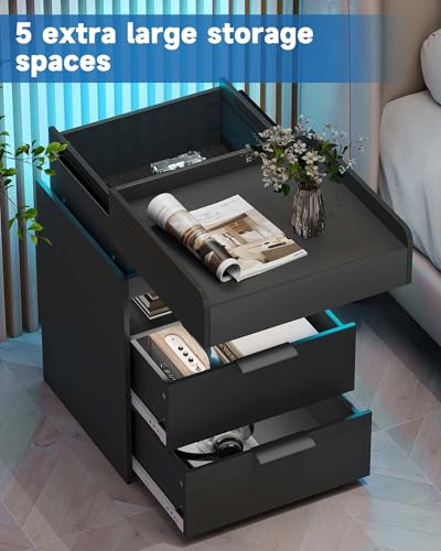 Baoz Nightstand with Gun Drawer, Charging Night Stand with USB and AC Ports, LED Nightstand, NightStands with Gun Drawer, Smart Night Stand with Sliding Top Storage Baoz
