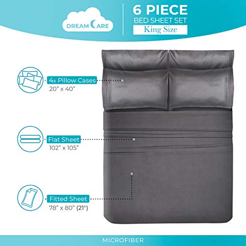 DREAMCARE King Size Sheets Set – 6 pcs Cooling Bed Sheets – up to 21” Deep Pocket King Sheet Set - 2500 Supreme Collection – Extra Soft 100% Brushed Microfiber Hotel Luxury with Side Pocket - Gray DREAMCARE