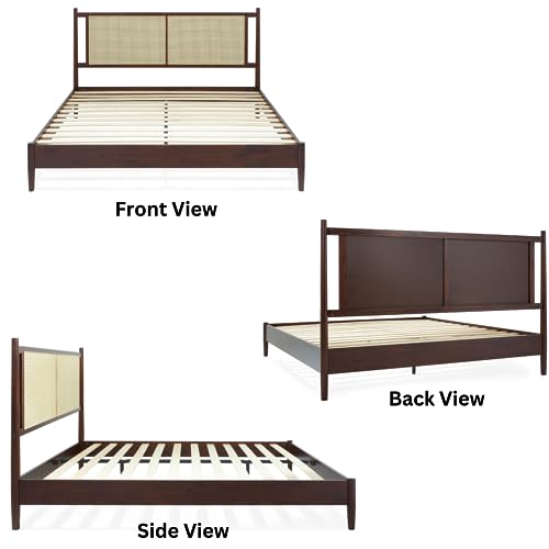 Bme Oliver King Bed Frame and Headboard - 15-Inch Signature Design with Rattan Headboard, Bohemian and Mid Century Style, 12-Slat Wood Support, No Box Spring Needed - Easy Assembly, Walnut Bme