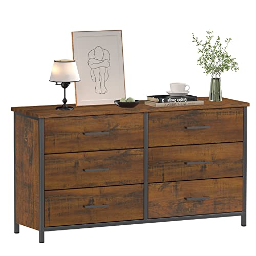 IKENO 6 Drawer Double Dresser, Industrial Wood Dresser for Bedroom, Storage Cabinet with Sturdy Steel Frame IKENO