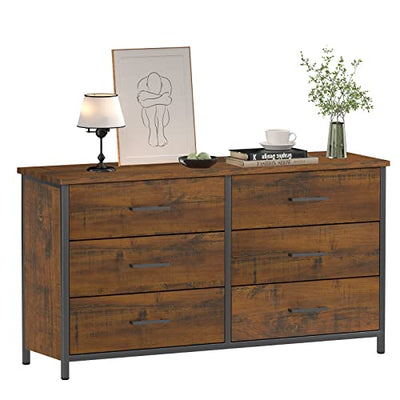 IKENO 6 Drawer Double Dresser, Industrial Wood Dresser for Bedroom, Storage Cabinet with Sturdy Steel Frame
