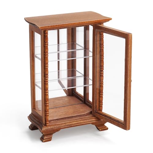Odoria Dollhouse Display Cabinet Miniature: 1/12 Scale Mirrored Storage for Vintage Living Room - Mini Brown Curio Cabinets - Tiny Wood Furniture Odoria