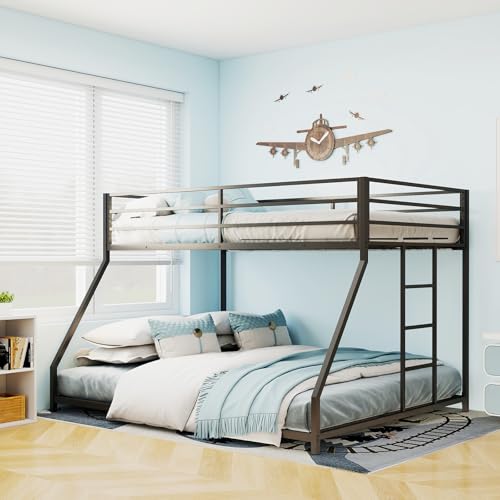 Rovibek Metal Bunk Bed Twin Over Full - Low Bunk Beds with Ladder and Guardrail, Heavy Duty Bunk Beds for Adults & Teens, No Box Spring Needed, Black Rovibek