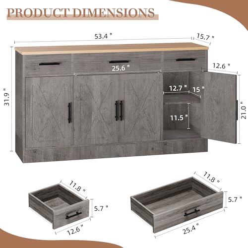 Shintenchi Buffet Cabinet with Storage,53.4" Large Kitchen Storage Cabinet with 3 Drawers and 4 Doors,Wood Farmhouse Buffet Sideboard with Adjustable Shelf for Kitchen Living Room, Gray Shintenchi
