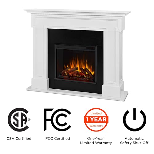 Real Flame Thayer 55” Electric Fireplace with Mantel for Living Room or Bedroom, Replaceable Fireplace Insert Heater, Realistic Log and Flame Effect, Remote Control, Timer, White Real Flame
