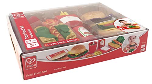 Hape Fast Food Set |Wooden Diner Fast Food Toy Set, Classic American Meal for Pretend Play Includes Burger, French Fries, Hotdogs & Cola Hape