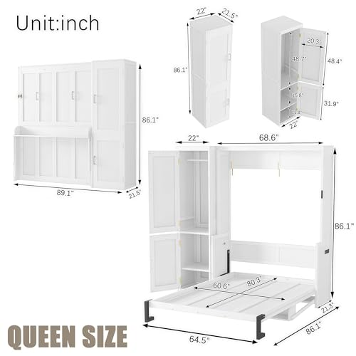 ZMAD Queen Size Wood Murphy Bed with Wardrobe,Space-Saving Hidden Wall Bed with Desk,Gas Struts,Charging Station,White ZMAD
