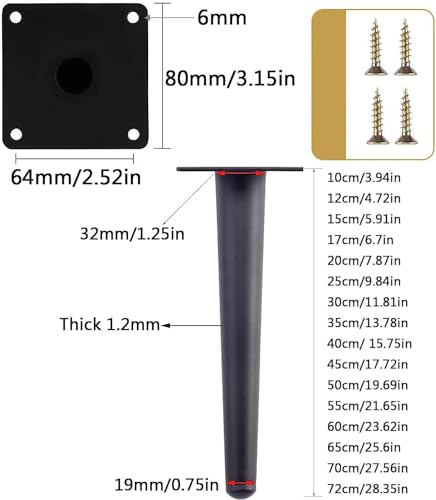 Furniture Legs Set of 4 Black Furniture Legs Straight Tapered Metal Sofa Legs, Replacement Heavy Duty Support Feet, for Sofa Couch Table Chair Cabinet Armchair TV Stand (70cm/27.56 (Black 72cm/28.35i WoodArtSupply