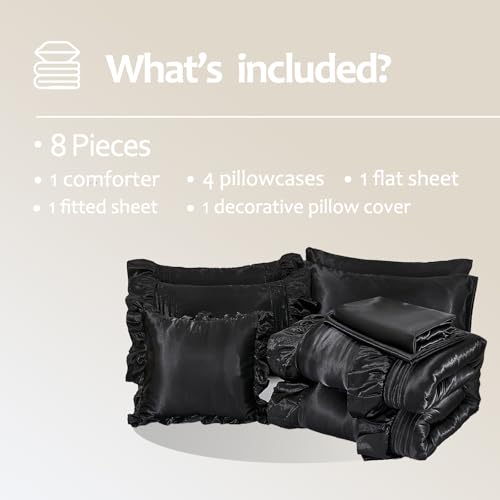 Black Satin Comforter Set 8 Pieces King Size Comforter with Sheets Silk Like Satin Bed Set Luxury Bedding Bed in a Bag 1 Comforter 4 Pillowcasas 1 Flat Sheet 1 Fitted Sheet 1 Cushion Cover Bedbay