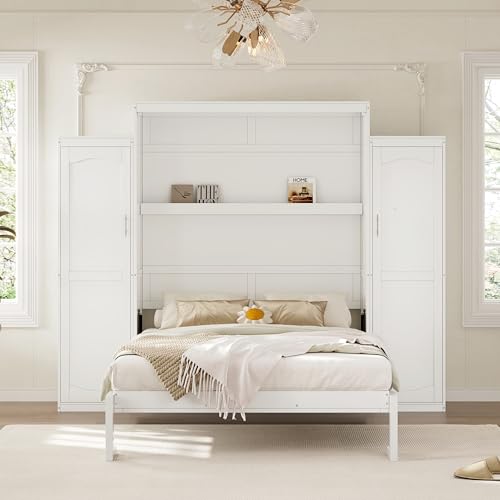Ball & Cast Queen Size Murphy Bed W/ 2 Wardrobe & Storage Shelf,Horizontal Wall Bed W/Top Display Shelf,Space-Saving Murphy Bed Cabinet for Home Office,Apartment,Guest Room,White Ball & Cast
