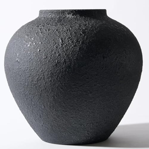 Black Large Round Vase Pottery Look for Home Decor, Arina Black Rustic Iron Vase Modern Farmhouse, Console Table Decor, Earthy Textured Metal Big Black Round Vases for Centerpieces, Jarrones Grandes RyddeligHome