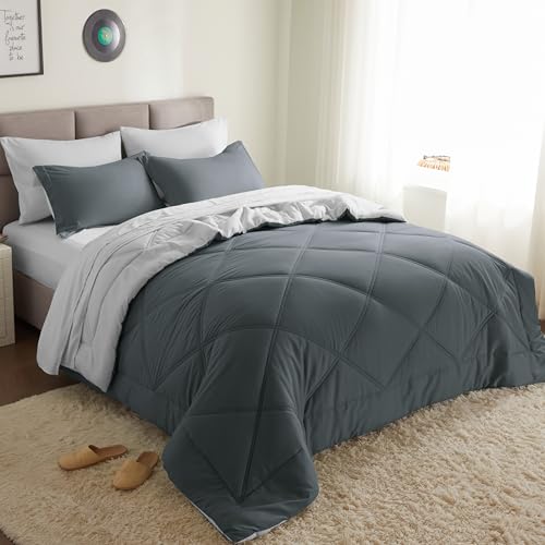 Joiedomi King Size Comforter Set with Sheets Dark Grey, 7 Pieces King Bedding Set with 1 Down Alternative Comforter, 1 Flat Sheet, 1 Fitted Sheet, 2 Pillowcases and 2 Pillow Shams, Bed in a Bag Joiedomi