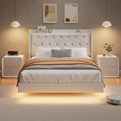 coucheta Full Floating Bed Frame with LED Lights, Upholstered Platform Bed with Crystal Tufted Headboard, Storage Shelves, Heavy Duty Metal Slats, No Spring Needed, Noise Free, Easy Assembly, White