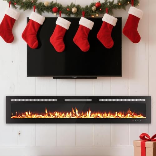Electric Fireplace, Fireplace Heater Recessed and Wall Mounted, Linear Fireplace with Multicolor Flame, 750/1500W Control by WiFi and Remote, Fireplace Heater with Log and Crystal IDEALHOUSE