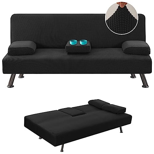 LiveGo Futon Cover 4 Pieces Stretch Futon Covers Sofa Bed Slipcover with Removable Armrests and Cupholders Covers Furniture Protector High Spandex Small Checks Jacquard Fabric (Black) LiveGo