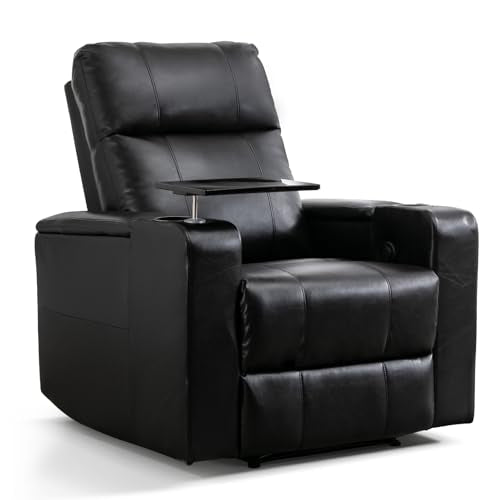 ANJ Home Theater Seating Power Recliner with Hidden Arm Storage, Sigle Faux Leather Recliners with Tray Table, Electric Movie Reclining Chairs with USB Ports & Cup Holders for Media Room, Black