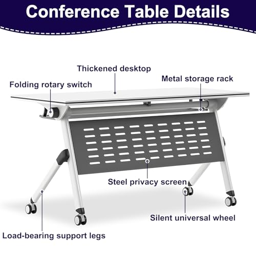 MOFGOE Folding Conference Table, Mobile Training Table with Silent Wheels, Large Wood Training Table, Meeting Mobile Combined Desk, for Office Conference Room Classroom, Modular,4 Pack,47x20x30 Inch MOFGOE