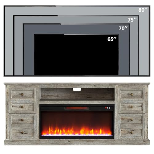Unineo 70'' Fireplace TV Stand for up to 80'' Tvs with Drawer, Large Storage Tv Console Cabinet w/ 36'' Electric Fireplace, Media Entertainment Center for Living Room/Bedroom, Light Rustic Oak Unineo