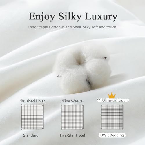 DWR Superior Luxury Feather Down Comforter King Size, Ultra-Soft Rose-Silk Cotton-Blend Fabric, High FP All Season Medium Warmth Bed Duvet Insert(106"x90", White) DWR