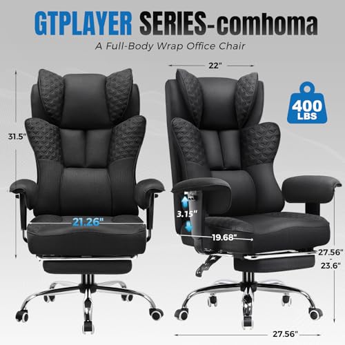 GTRACING Big and Tall Office Chair 400LBS Wide Ergonomic Gaming Chair with Deluxe Embossing Designed Leather with Foot Rest,150°Reclining Adjustable Soft Armrests Pocket Spring Back Support and Pillow GTRACING
