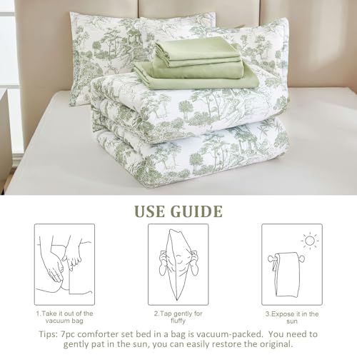 DJY Sage Green Comforter Set King, 7 Pieces Bed in a Bag King Size Botanical Comforters with Sheets Elegant Plants Print Soft Microfiber Reversible Complete Bedding Sets for All Season DJY