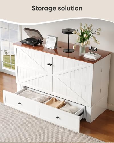 ADOWORE Full Size Murphy Bed with Mattress Included, Cabinet Bed with Charging Station & Large Storage Drawer, Hideaway Full Foldable Platform Bed for Home Office or Guest Bedroom, Living Room,White ADOWORE