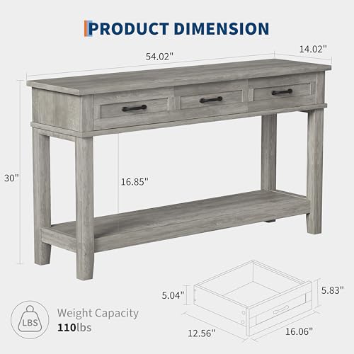 GarveeHome Entryway Table, Console Table with 3 Storage Drawers, 3 Tier Farmhouse Wooden Sofa Table, Hallway Tables for Entryway, Living Room-Grey GarveeHome