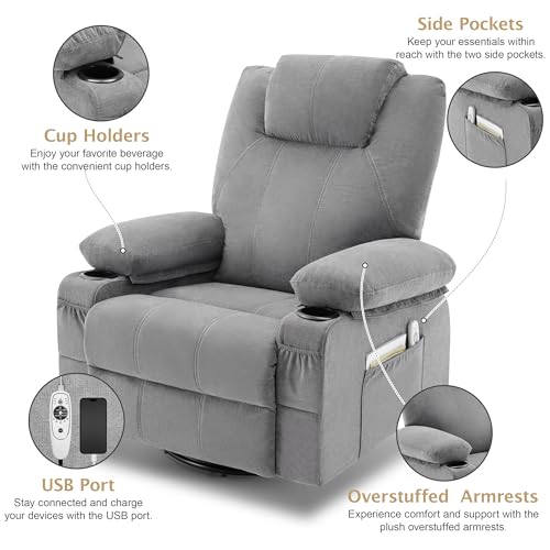 Weture Swivel Rocker Recliner Chair with Heat and Massage, 360 Degree Swivel Recliner Chair with Cup Holders and USB Port, Big Oversized Rocking Single Sofa for Living Room (Fabric, Cloud Grey)