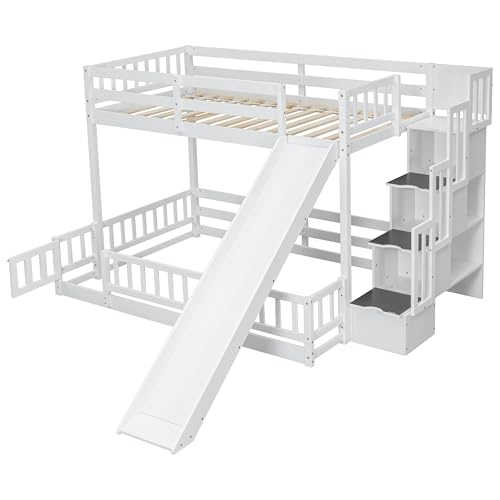 PVWIIK Twin Over Full Staircase Bunk Bed for Girls Boys,Kid,Wood Bunkbeds with Safety Guardrails,No Box Spring Needed & Space Saving Design, White PVWIIK