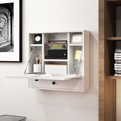IFANNY Folding Wall Desk, Wood Wall Mounted Desk with Storage Drawer and Shelves, Fold Down Wall Mount Laptop Desk, Corner Floating Desk for Small Spaces (White) IFANNY