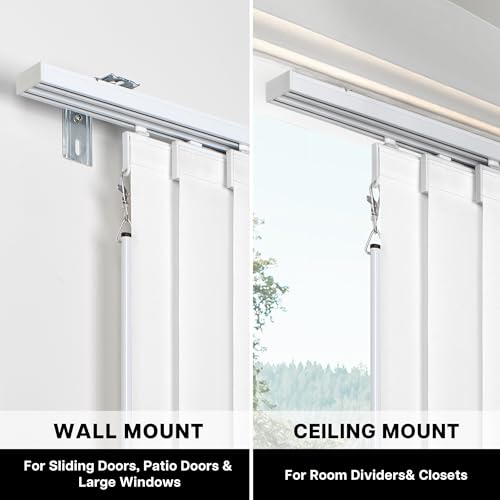 Lazblinds Adjustable Blackout Vertical Blinds for Sliding Doors, Extendable Track (45 3/4'' - 82 5/8'' W), Trimmable Panels Up to 96” H for Room Divider & Patio Door, White Blackout LazBlinds