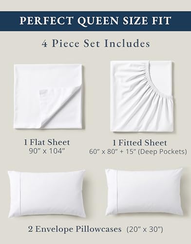 LANE LINEN Eco Friendly 100% Organic Cotton Queen Sheet Set, Soft & Comfy Fully Elasticized 15" Deep Pocket Bed Sheets, Low Pill Naturally Cooling Machine Wash Sábanas Queen- White Bed Sheets LANE LINEN
