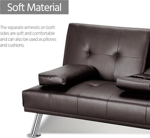 Futon Sofa Bed Modern Folding Couch for Small Space, Faux Leather Convertible Loveseat Sleeper Bed Daybed Recliner Lounge Sofas for Living Room,2 Cup Holders,Metal Legs,Removable Armrests (Brown) Anwick