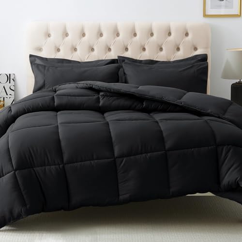 JOLLYVOGUE Full Comforter Set, Ultra-Soft Bed in a Bag Full Size 7 Pieces, Oeko-TEX Certified Bedding Set with Down Alternative Comforter, Sheets, Pillowcases & Shams, Black JOLLYVOGUE