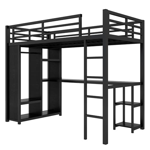 Bellemave Metal Twin XL Size Loft Bed with Desk and Wardrobe,Heavy Duty Loft Bed Frame with Storage Shelves for Kids,Teens,Adults, Space Saving,Black Bellemave