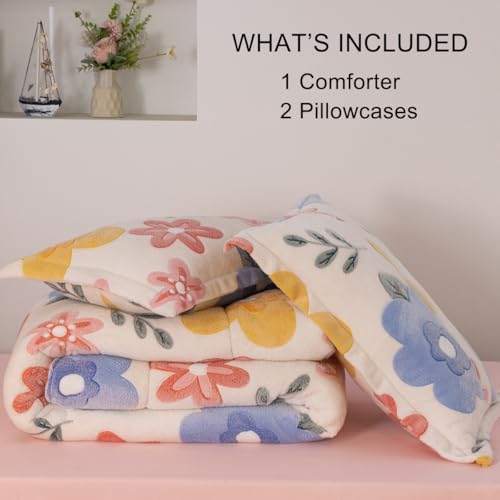 Holawakaka Full Fluffy Comforter Set, Cute Botanical Flowers Print Fleece Bedding Set for Girls Women, Super Soft Floral Fuzzy Bed Set with Pillowcases for Nursery & Kids Teen's Bedroom Holawakaka