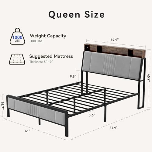 BedsPick Queen Bed Frame with Ergonomic Headboard, Upholstered Metal Platform Bed Queen Size with 2-Tier Storage, Charging Station, Smart LED Lights, Easy Assembly, No Box Spring Needed, Gray BedsPick