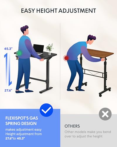 FLEXISPOT H7 Plus Gas Spring Adjustable Standing Desk, Mobile Rolling Sit-Stand Workstation with Wheel, Cordless Stand Up Desk for Small Room & Home Office 32" One-Piece Desktop Black,height 27.6"–45" FLEXISPOT